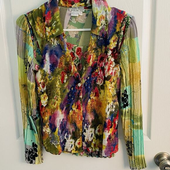 Vtg Y2k ALBERTO MAKALI Top & Vest 2pc Small Forest Fairy Gauzy Artsy Colorful - Picture 1 of 6